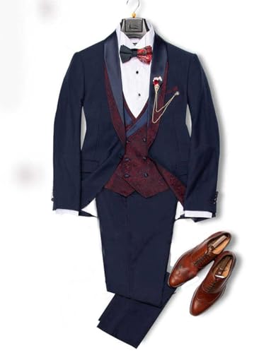 Ulnomio Men's 3-Piece Set Suit Wedding Banquet Dinner Groom Tuxedos Jacket with Jacquard Vest4
