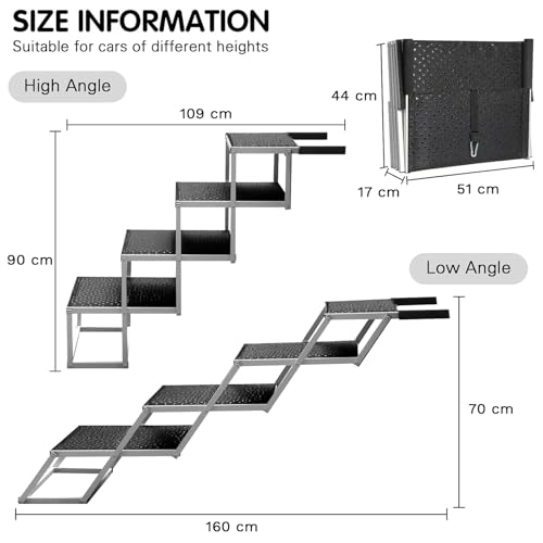 SDLDEER Hundetreppe Auto, Hunderampe Auto klappbar, Einstiegshilfe Hund Auto für alle Fahrzeuge nutzbar, Höhenverstellbar, Belastbar bis 80 kg (4 Stufen 70-90cm)