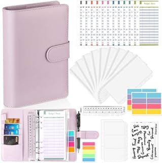 Money Saving Wallet, 32 Pcs Leather Notebook Budget Binder Set, A6 Ring Binder with Clear Cash Envelopes, Cash Envelopes Budget Wallet for Travel and Diary (Purple)