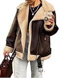 Women Faux Leather Sherpa Moto Jacket Lapel Fleece Lining Crop Leather Coat Y2k Shearling Bomber Jacket Streetwear (Dark Brown, M)