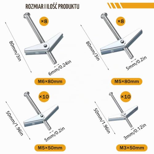 Idota Kołki uchylne, 36 sztuk, kołki rozporowe M3/M5/M6, zestaw śrub do suchej zabudowy, 4 rozmiary, śruba z przetyczką i nakrętka motylkowa do zawieszenia ciężkich przedmiotów