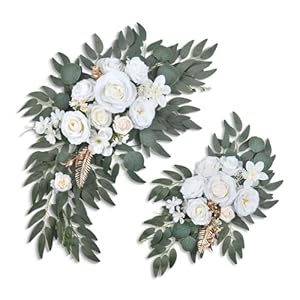 Artificial Flower Swag Set (Pack of 2) Small Wedding Arch Flowers for Wedding Ceremony Welcome Signs and Reception Backdrop Decoration(White)