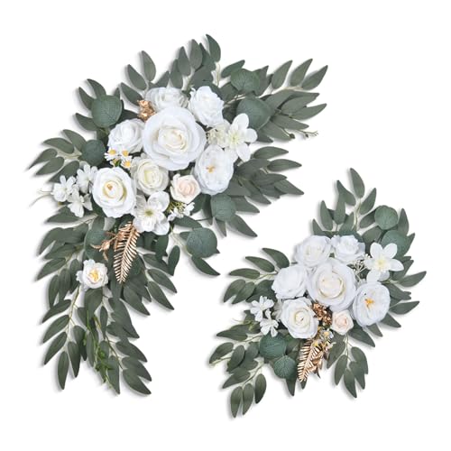 Artificial Flower Swag Set (Pack of 2) Small Wedding Arch Flowers for Wedding Ceremony Welcome Signs and Reception Backdrop Decoration(White)