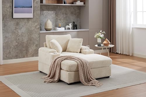 Image of 50 inch Corduroy Upholstered Chaise Lounge Chair Indoor, Modern Lazy Sofa with Storage Armrest, Sleeper Couch with Cup Holders for Living Room, Beige