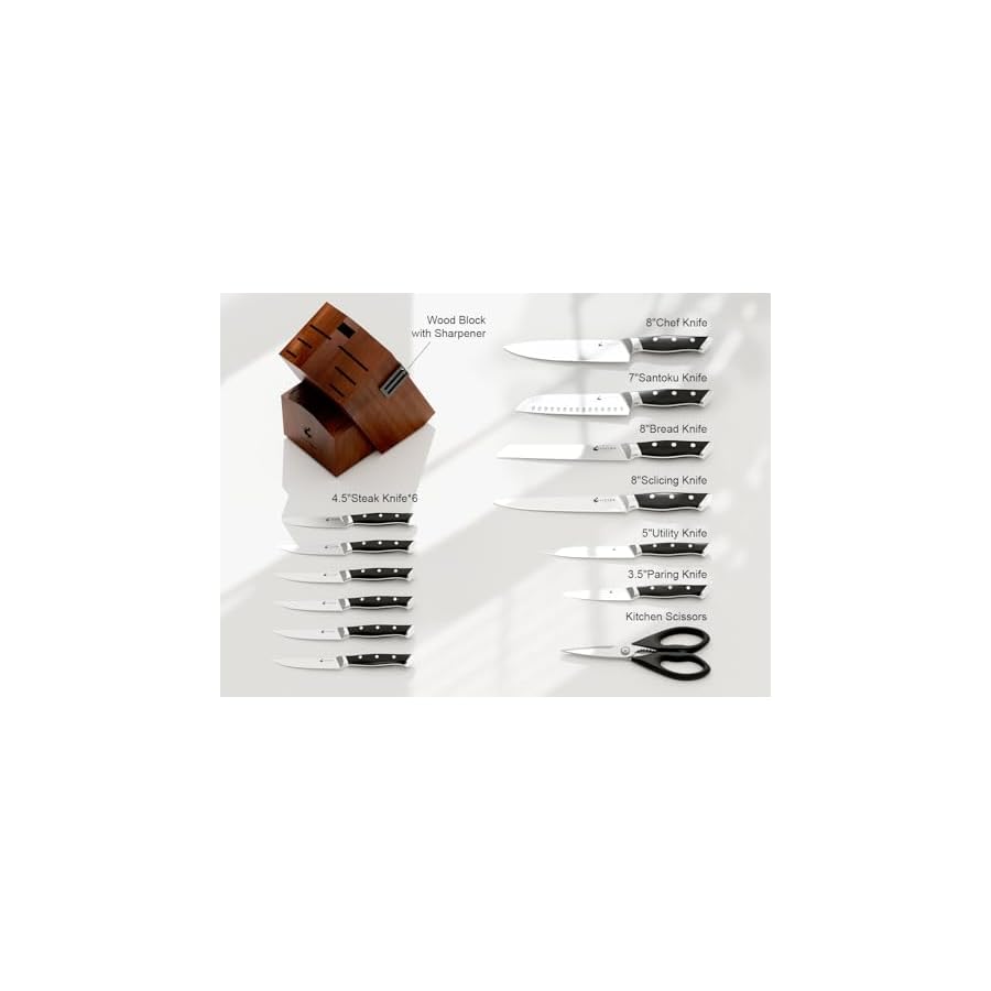 Livtek-Knife-Set-with-Block-Kitchen-Knife-Set-German-High-Carbon-Stainless-Steel-with-Built-in-Sharpener-Full-Tang-Triple-Rivet-Ergonomic-Handle-Holiday-Gift-Idea-15-Piece-Falcon-Series Livtek Knife Set with Block - Kitchen Knife Set German High-Carbon Stainless Steel with Built-in Sharpener - Full Tang, Triple-Rivet Ergonomic Handle - Holiday Gift Idea - 15-Piece, Falcon Series.