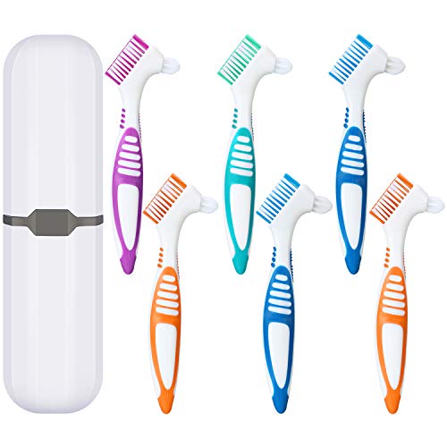 6 Pieces Hard Denture Brush Denture Toothbrush Cleaning Brush with White Carrying Case for False Teeth Cleaning (Green, Purple, Blue and Orange)