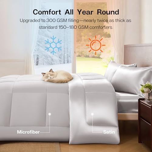 MR&HM King Size Comforter Set Silver Grey, Reversible Satin Microfiber Comforter Set for All Seasons, 3 Pieces Non-Slip Silky Soft Bedding Sets with 1 Comforter (104"x90") and 2 Pillowcases (20"x36") by MR&HM - Used condition - Image 4
