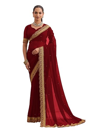 Image of Women's Georgette Embroidery Border Beads work Saree with Blouse Piece
