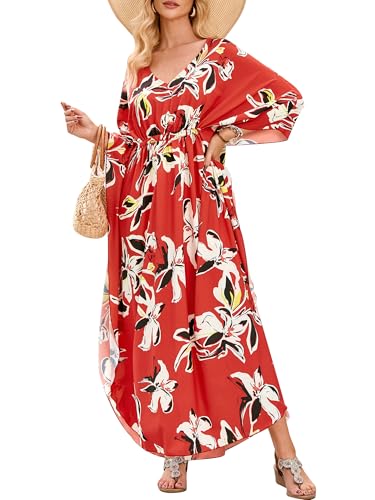 Image of Moss Rose Kaftan Dresses for Women V Neck Summer Swimsuit Cover up Caftan Maxi Beach Dresses