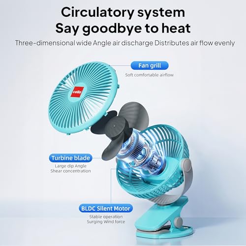 Image of CELLO Air-Vel Electric USB Type C Recharging Portable Fan 1800mah Blue | Upto 4 Hours Backup, BLDC Silent Motor, 3 Speed Setting, Replaceable Battery | Mini Table Fan For Office Desk, Home & Kitchen