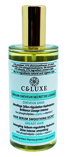 Sérum Cheveux lissant: CHEVEUX GRAS. Aux phospholipides et JOJOBA, kératine protect, VEGAN, SANS SILICONE, lissage, hydratation, brillance, démêlage, thermo-protect, SÉBO-RÉGULATION, spray 50ml.