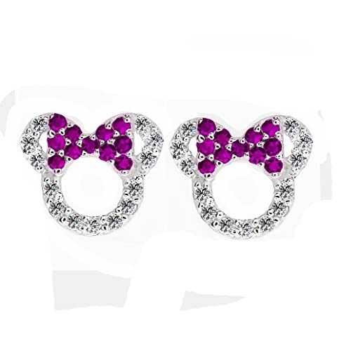 Kaguyo, Boucles d'oreilles Minnie Mouse, Boucles d'oreilles à tige Mickey Mouse en argent sterling 925 avec améthyste bleu rose et zircone pour femmes et filles, cadeau d'anniversaire (violet)
