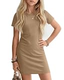 LessonZoo Girls' Short Sleeve Bodycon Dress Crew Neck Fitted T-Shirt Mini Pencil Casual Comfy Summer Dresses Teen 6-14 Years(Khaki,9-10 Years)