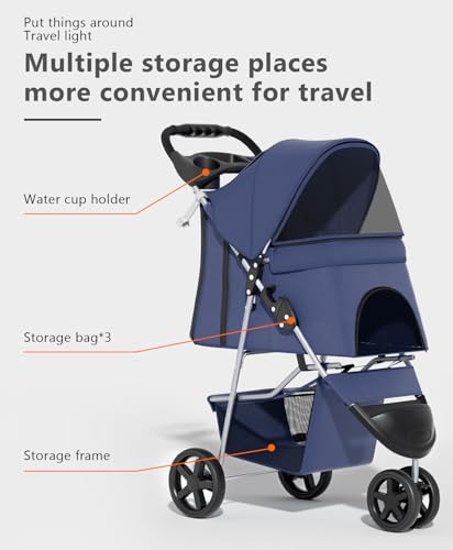 OS MOTOR Pet Stroller with 3 Wheels for Small/Medium Pets, Portable Travel Foldable Carrier Jogger for Dog Cat Puppy Kitty, Rear Wheel Breaks, Storage Basket, Visible Mesh Weather Cover (Navy Blue) - Thumbnail 3