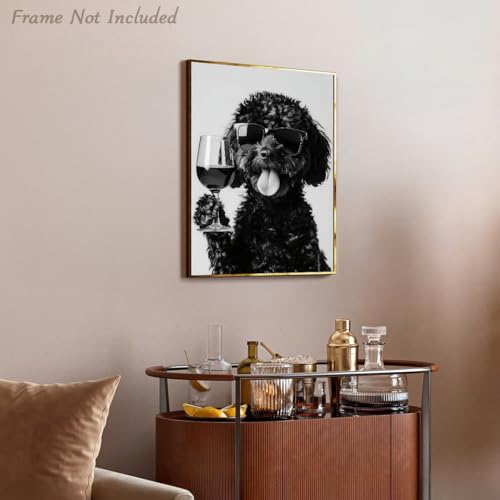 Dazzlewall Lustiges Tier Bild Hund trinkt Wein, Schwarz Weiß Hunde Bild, Dog Posters for Home Living Room Entrance Hall Decor 12×16 in Ungerahmt