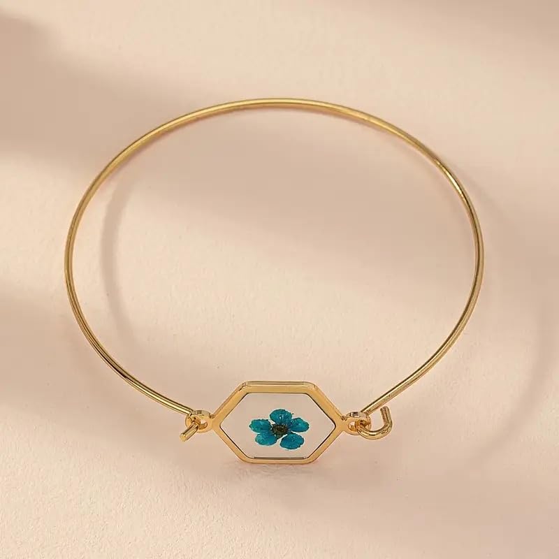 Isla & Wren Co. Pressed Flower Gold Bangle Cuff Bracelet, Gold-Tone Open Bangle, Dried Flower Accent - Metal 14K Jewelry Gift Quality Unique Blue Floral - Image 4