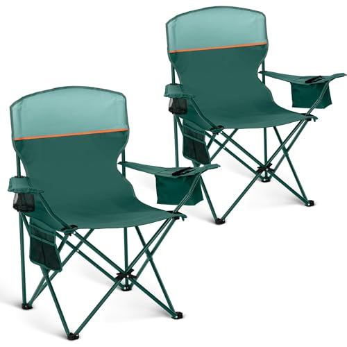 HIGH POINT SPORTS 2er Set Klappstuhl Campingstuhl Faltstuhl Komfortable Anglerstuhl mit Getränkehalter & Kühlfach, bis 120Kg Belastbar, Anglersessel klappbar Gartenstuhl Faltstuhl Relaxsessel, Grün