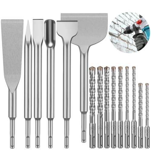 15Pcs Rotary Hammer Drill Bits and Chisel Set, SDS Plus Carbide-Tipped Drill Bit Set Concrete Drill Bit Masonry Chisel Hole Tool 1/4"-5/9" Drill Bit Set and Chisels for Concrete Brick Tile