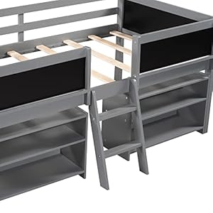 Harper Bright Designs Kids Low Loft Bed with 2 Movable Storage Shelves Twin Loft Bed Frame with Chalkboard and Ladder Multifunctional Loft Bed for Kids BoysGirls No Box Spring Needed Gray