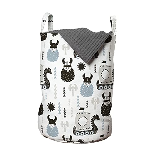 ABAKUHAUS skandinavisch Wäschesack, Longboats Viking Folk, Wäschekorb mit Griffen Kordelzugverschluss für Waschsalons, 33 cm breit x 49 cm hoch, Schwarz Pale Blue Grey