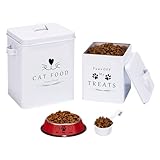 Meraki Home Farmhouse Cat Food and Treats Containers + Feed Scoop + Pet Food Bowl - Tight Lids - Large Metal Storage Bin - Great Gift for Cute Pets (Glossy White)