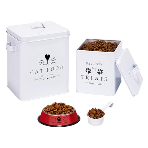 Meraki Home Farmhouse Cat Food and Treats Containers + Feed Scoop + Pet Food Bowl - Tight Lids - Large Metal Storage Bin - Great Gift for Cute Pets (Glossy White)