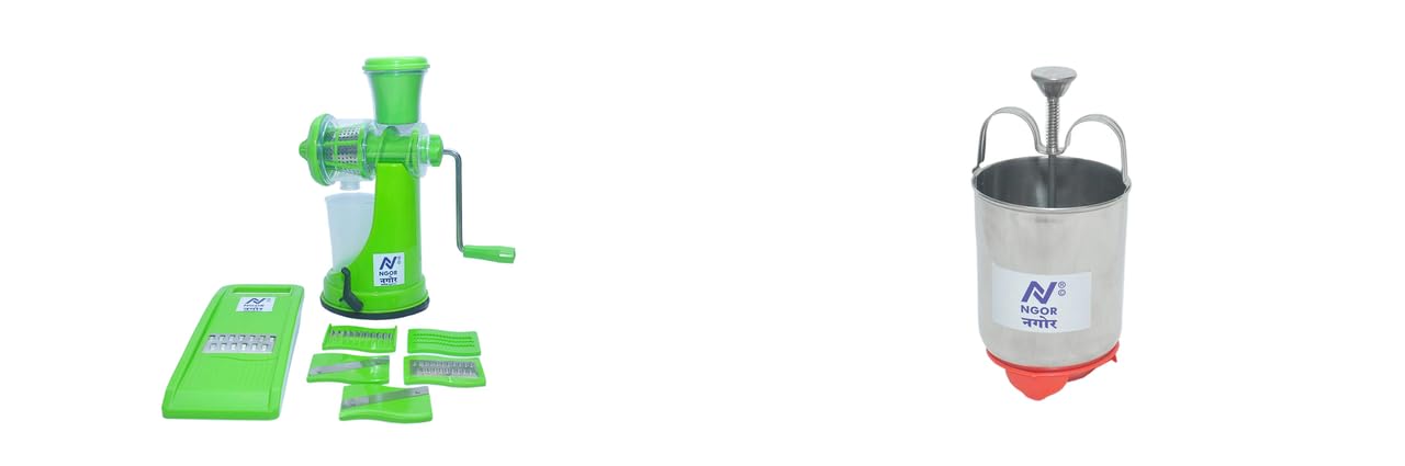 NGOR Manual Hand Fruit Juicer Small Size (juicer Steel Blades + 6 in 1 Slicer) (Green) and Stainless Steel Mendu WADA Maker Mendu WADA Machine Perfectly Shaped/Donut Maker