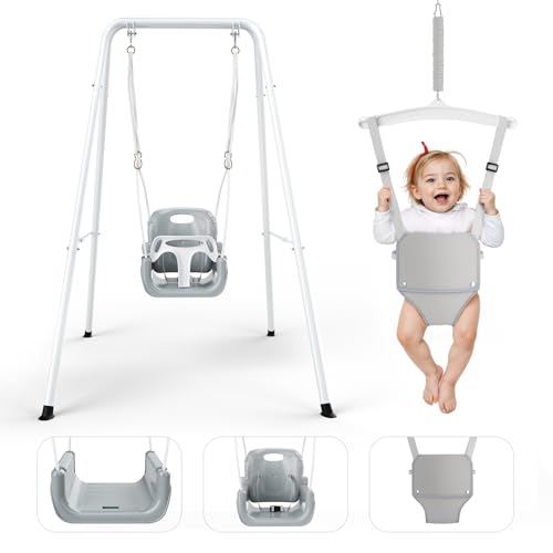 nmoiww Babyschaukel mit Gestell 2-in-1, Kinderschaukel mit Metallständer Schaukelgestell, Sicherheitsgurt Schaukelsitz für drinnen und draußen Spielen (Weiß)