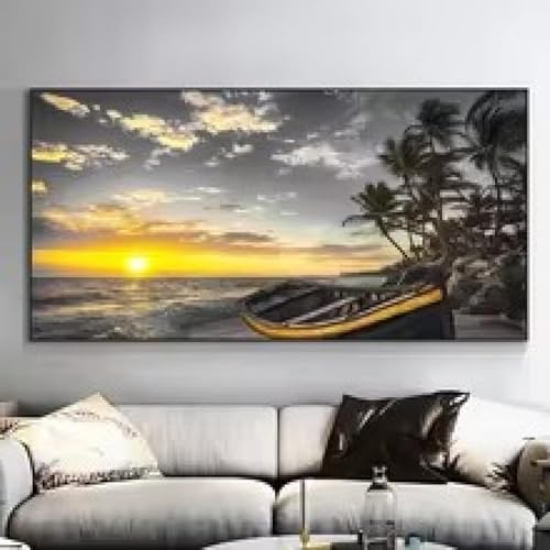 Tableau mer coucher de soleil noir et blanc avec bateau 40x80cm