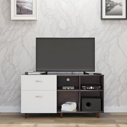 Image of VIKI Modern TV Unit for Living Room | Engineered Wood TV Cabinet with 2 Drawer Storage & 2 Open Shelves, Entertainment Unit, 140W x 74H x 40D cm | DIY | 1 Year Warranty (Wenge & White)