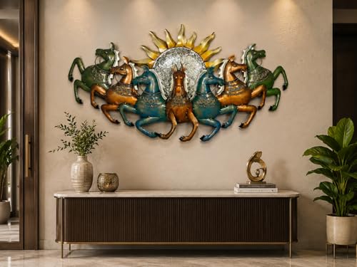 Image of iHandikart Multicolor 7 Running Horses Metal Wall Art with Sun Design | Iron Wall Sculpture for Living Room | Modern Horse Wall Hanging Decor for Home, Office & Hall | 44 x 23 Inch