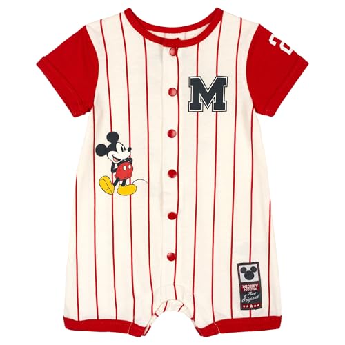 Disney Mickey Mouse Baby Boys Printed Raglan Short Sleeve Jersey Coverall with Snap Closure Red Mickey Mouse 6-9 Months