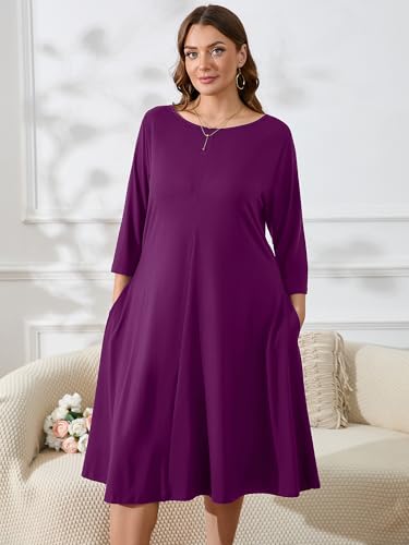 Image of AusLook Women's Plus Midi Dresses Crew Neck A Line 3 /4 Sleeves Casual Elegant Loose Wedding Vacation Dress with Pockets
