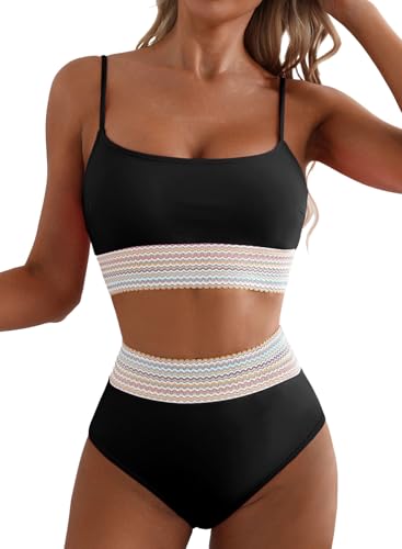 Herseas Women's Bikini Sets Colorblock Trim 2 Piece High Waisted Swimsuit Scoop Neck Adjustable Spaghetti Straps Bathing Suit