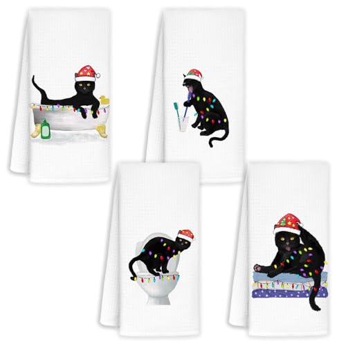 Jvpke Merry Christmas Cat Set of 4, Cat Decor Gifts for Women, Funny Hand Towels, 16x24in