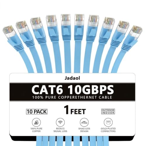Image of Jadaol Cat6 Ethernet Cable 1FT 10-Pack 10Gbps Flat Network Cable, Blue