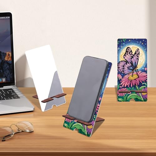 Image of Butterfly Diamond Painting Phone Stand with Mirror, Floral DIY Wooden Diamond Art Desktop Holder, 2-in-1 Multi-Functional Tabletop Ornament for Home and Office