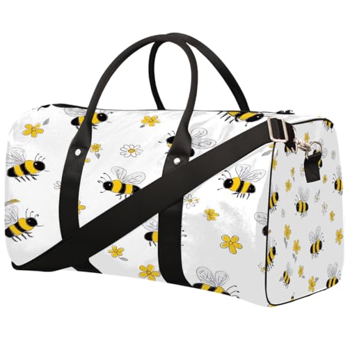 Cartoon Cute Bee Flowers Travel Duffel Bag Sports Tote Gym Bag Waterproof Tear-Resistant Carry On Overnight Bag Foldable Weekender Bag for Gym Travel Getaway Beach Sports