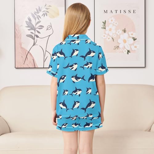ALAZA Blue Fish Whale Satin Pajamas Set Short Sleeve Button Down Sleepwear Summer Pjs 2 Piece4
