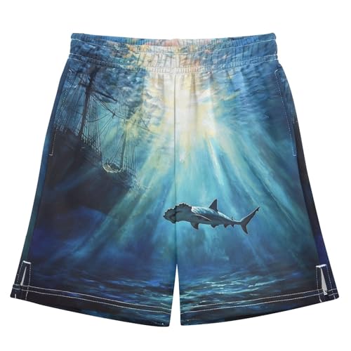 DOMIKING Ship Shark Blue Kids Shorts Pull-on Boys Shorts with Elastic Waist Casual Athletic Pants for Outdoor Summer