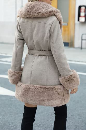 Giolshon Chaqueta Larga de Piel de Mezcla de Lana Sintética para Mujer Abrigo Parka Burbuja Acolchado Con Cinturón Prendas Exteriores de Forro Polar Sherpa con Aislamiento 241A Caqui L - imagen 6