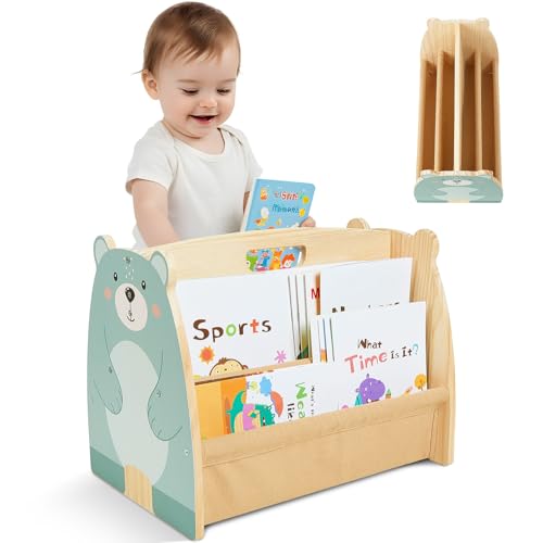 Image of Toddler Bookshelf Double-Sided with 4 Tier Deep Sleeves Kids Wooden Montessori Book Rack for Baby Nursery Room, Playroom, Classroom or Bedroom Bookcase Storage Organizer, Green Bear