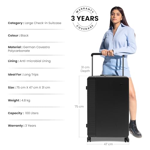 Image of ICON - Signature Polycarbonate (PC) Hard-Sided Cabin Suitcase | Ultra Lightweight & Durable | 8 Spinner Wheels | TSA Lock | Organized Interior | Multiple Colours (Check in - Large, Black)