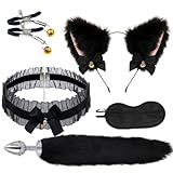 SMコスプレ アナルプラグ 尻尾 首輪 人間 sm 乳首クリップ 鈴 乳首攻め アダルトグッズ猫耳 カチューシャ レディース チョーカー女性 あなるぷらぐ 開発 初心者 アナル拡張乳首開発 乳首責め あだるとグッズアイマスク付け (ブラック)