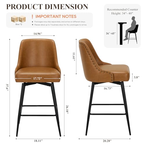 Image of MALOL Bar Stools Set of 4, 26 inch Swivel Counter Height Chairs with Back,Thick Padded Seat & Footrest,Modern Faux Leather Barstool for Kitchen Island,Dining Room,Pub,Brown