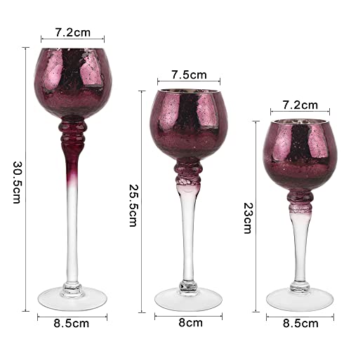 Set Of 3 Crackle Purple Glass Tealight Holders Tall And Large Bowl Candle Holder Pillar Set High Long Stem Candlesticks Ideal For Weddings Special Events Parties Home Decor (Glass, Purple1Setb) #TOP6