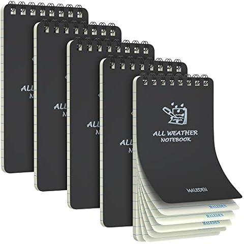 MALEDEN Waterproof Notebook, Spiral Notebook with Thick Graph Paper, 5 Pack Top Bound Pocket Notebook, Durable Cover Notebooks for Work, Outdoor, Memo, Notes, Tactical Steno Pads, 3" x 5", Black Cover