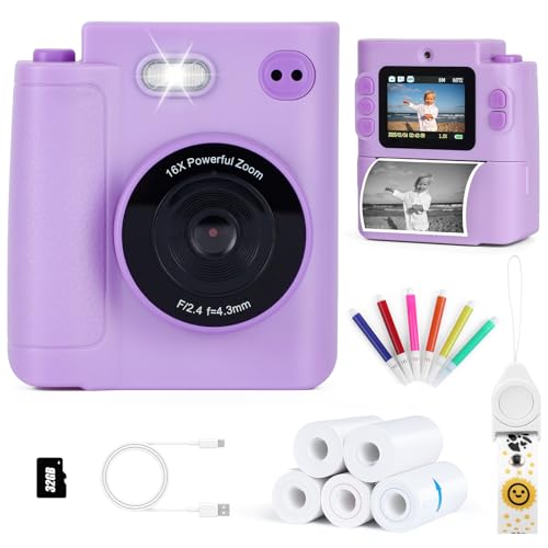 Kids Camera Instant Print, 1080P HD Dual-Lens Selfie Digital Camera with 5 Printing Paper Rolls & 32G TF Card, for Children, Portable Toddler Toy for Age 3-12 Boys & Girls (Purple)