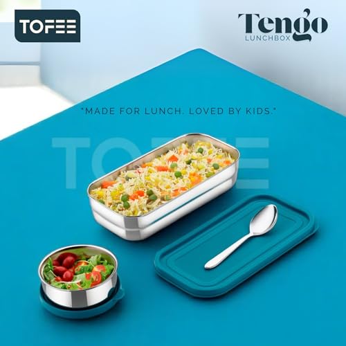 Image of TOFEE Big Stainless Steel Lunch Box for Office & School | Leak-Proof Tiffin with Small Container & Spoon | BPA-Free Airtight Lid | Compact & Durable Lunch Box for Travel (900ml) (Blue Combo)