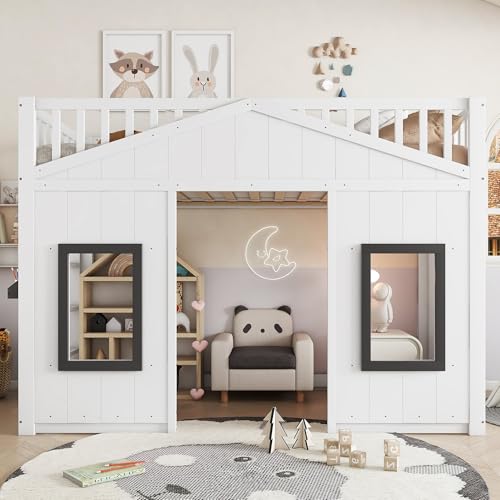 90 X 200 Cm, Litera, Cama De Casa, Con Escalera, Con Protección Contra Caídas Y Rejilla, Cuna Con Ventana, Base De Cama Libre, Marco De Pino Mdf, Color Blanco